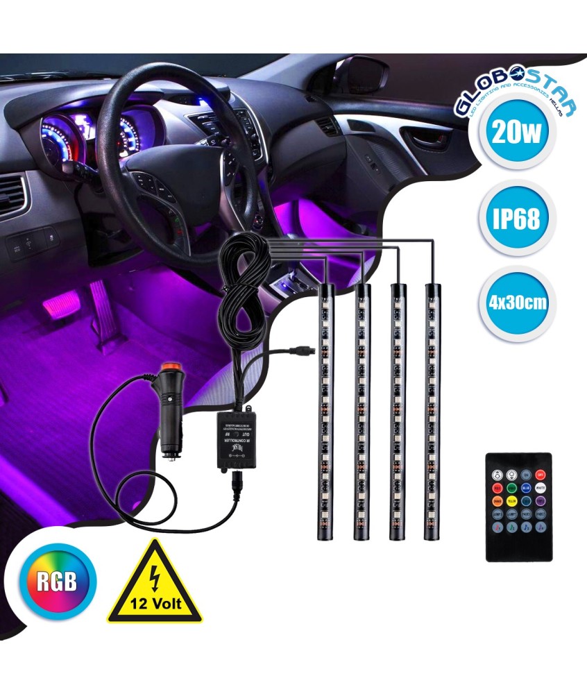 GloboStar® 81842 Car Underglow LED Tube Kit - Κρυφός Φωτισμός Αυτοκινήτου DC 12V 20W με Χειριστήριο Αδιάβροχο IP68 Πολύχρωμο RGB